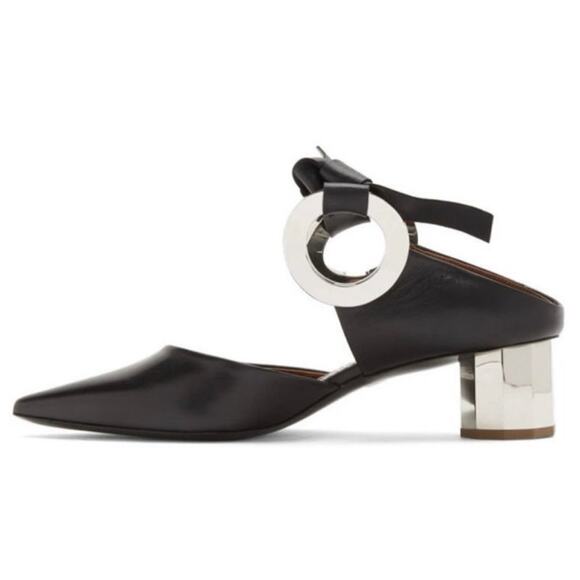 Proenza Schouler Black Leather Grommet Tie Block Mirrored Mules Heel Sz 41/10 - Picture 12 of 12